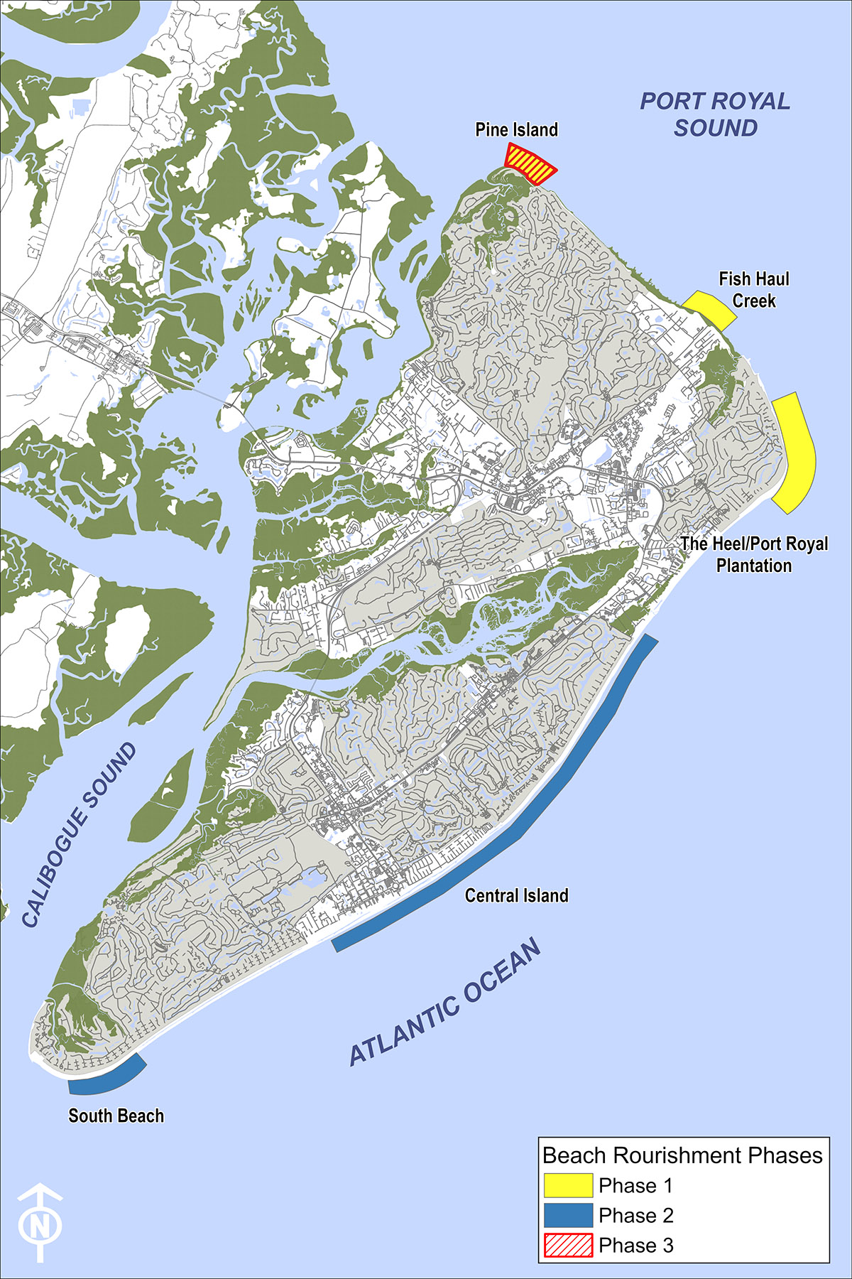 Map of Hilton Head Island with lines showing fill areas on coastline