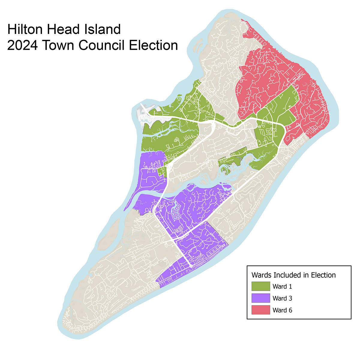 Map of Hilton Head ISland with Ward 1, 3 and 6 shaded