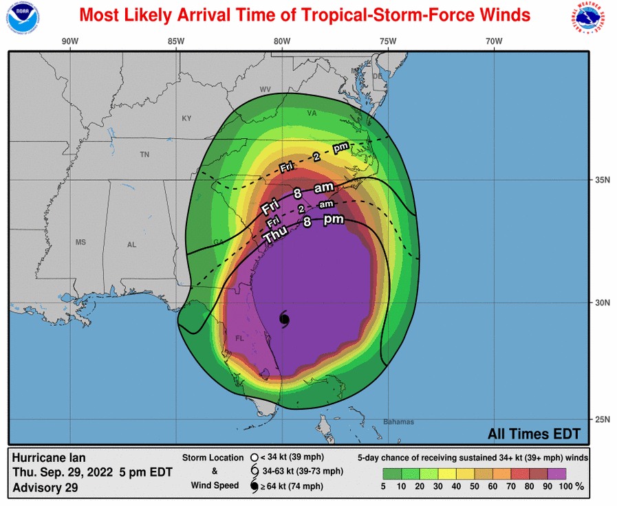 Hurricane Ian Most Likely Arrive Time of Tropical-Storm-Fofrce Winds Map