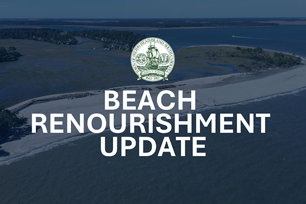 Beach Renourishment Project Update text with Town Logo over faded beach aerial image