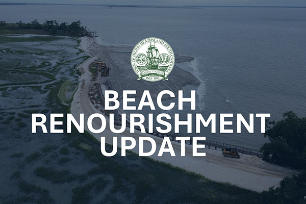 Beach Renourishment Project Update text with Town Logo over faded beach construction