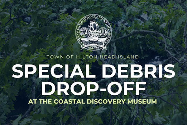 Special Debris Drop Off at Coastal Discovery Museum text over faded tree limb photo