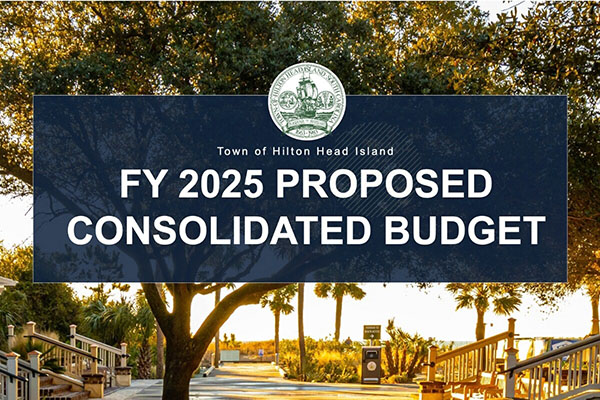 FY 2025 Proposed Consolidated Budget text with town logo over tree photo at Coligny Beach Park
