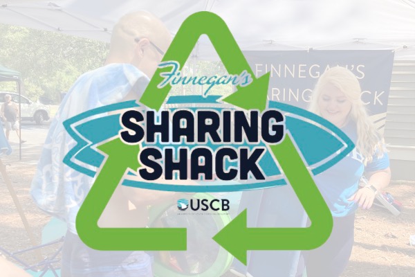 Finnegan's Sharing Shack Logo with USCB student assisting gentleman