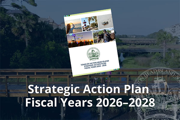 Strategic Action Plan cover page on dark background with faded dock and marsh photo with Town Logo watermark