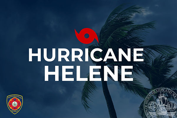 Hurricane Helene Text with Town and Fire Logos over faded Palm Tree blowing