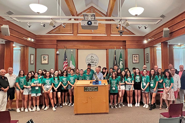 Group Photo of High School Students from Italy with Mayor in Council Chambers